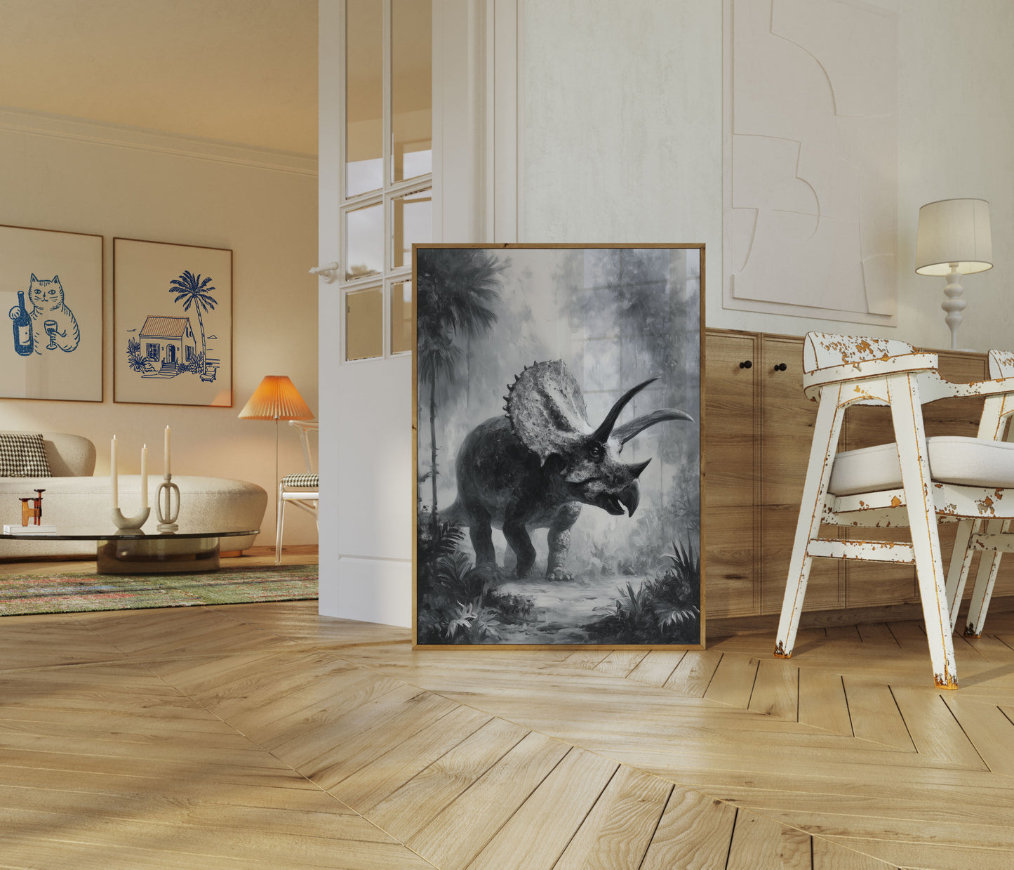 Póster de paisaje de triceratops primordial