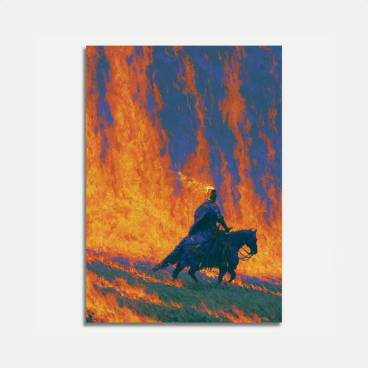 Krijger te paard door vlammen poster
