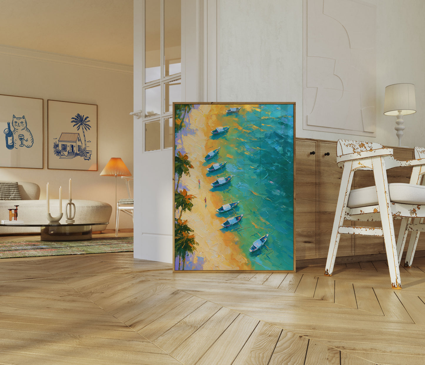 Moored Boats Tropical Beach Poster