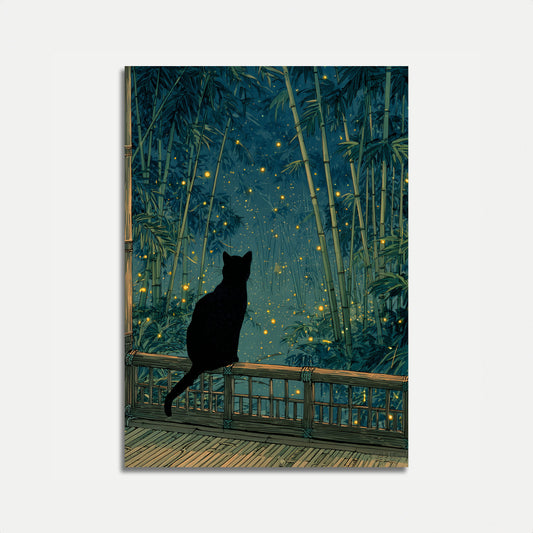 Cat Watching Fireflies at Night Poster