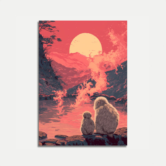 Pôster de Macacos Observando o Pôr do Sol
