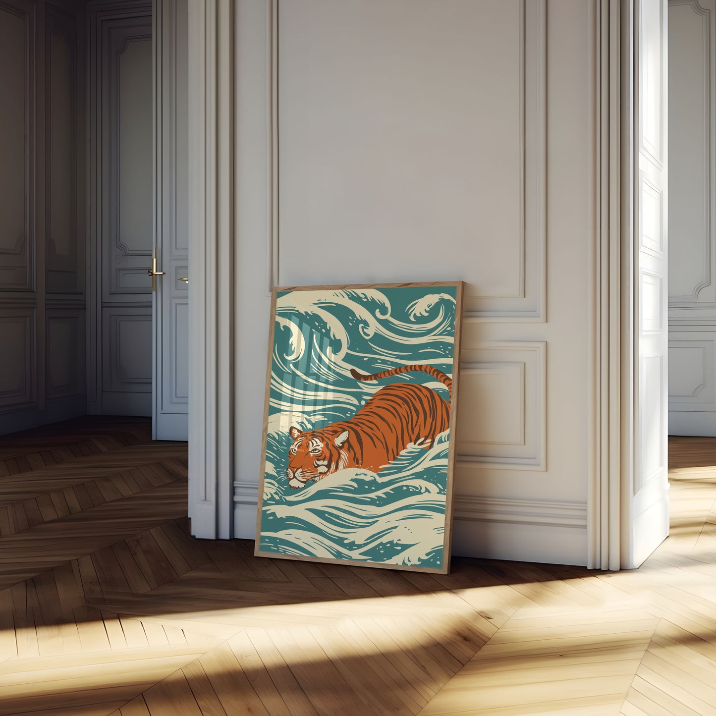 Tiger Swimming in Ocean Waves Poster