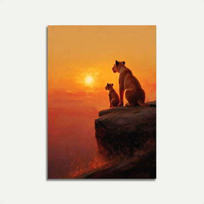 Affiche Silhouette de la Famille de Lions au Coucher de Soleil