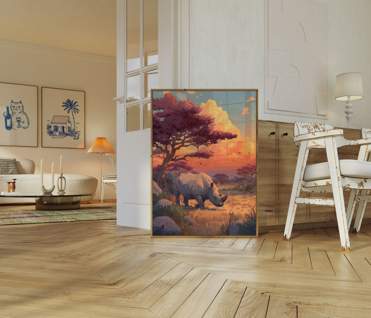 African Savanna Sunset Rhino Poster