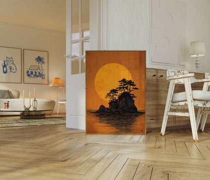 Bonsai Tree Sunset Island Poster