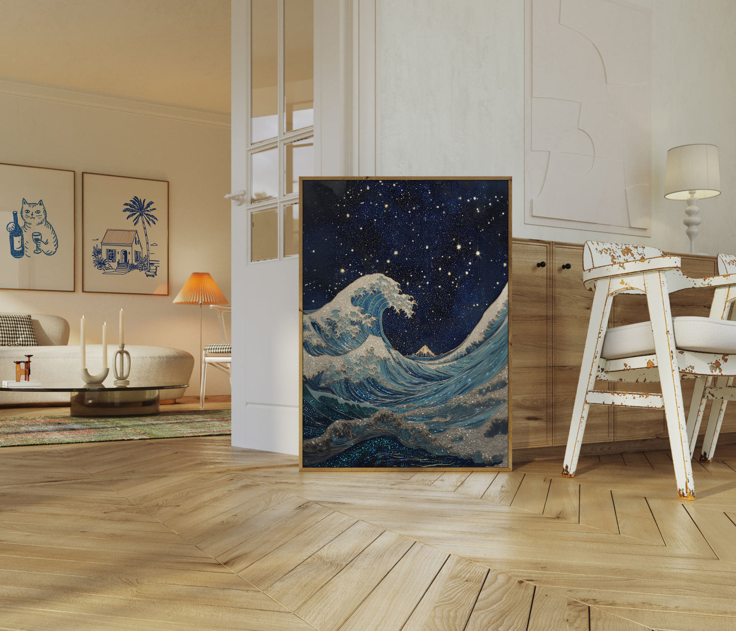 Póster de Olas del Océano Noche Estrellada