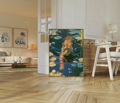 Tiger Swimming in Lily Pond Poster