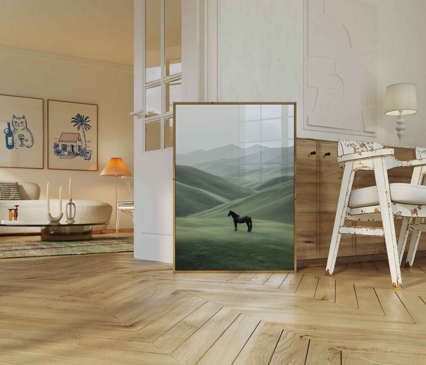 Svart Hest i Rullende Bakker Plakat