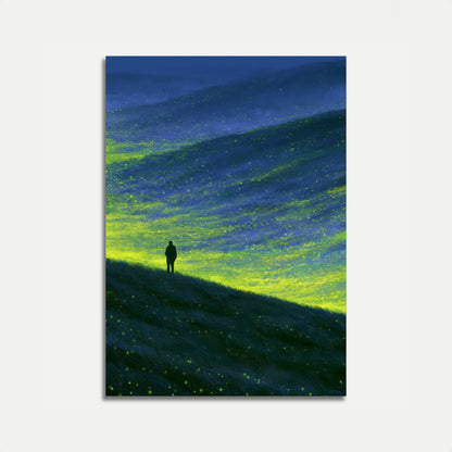 Plakat: Einsamer Wanderer unter glühendem Himmel