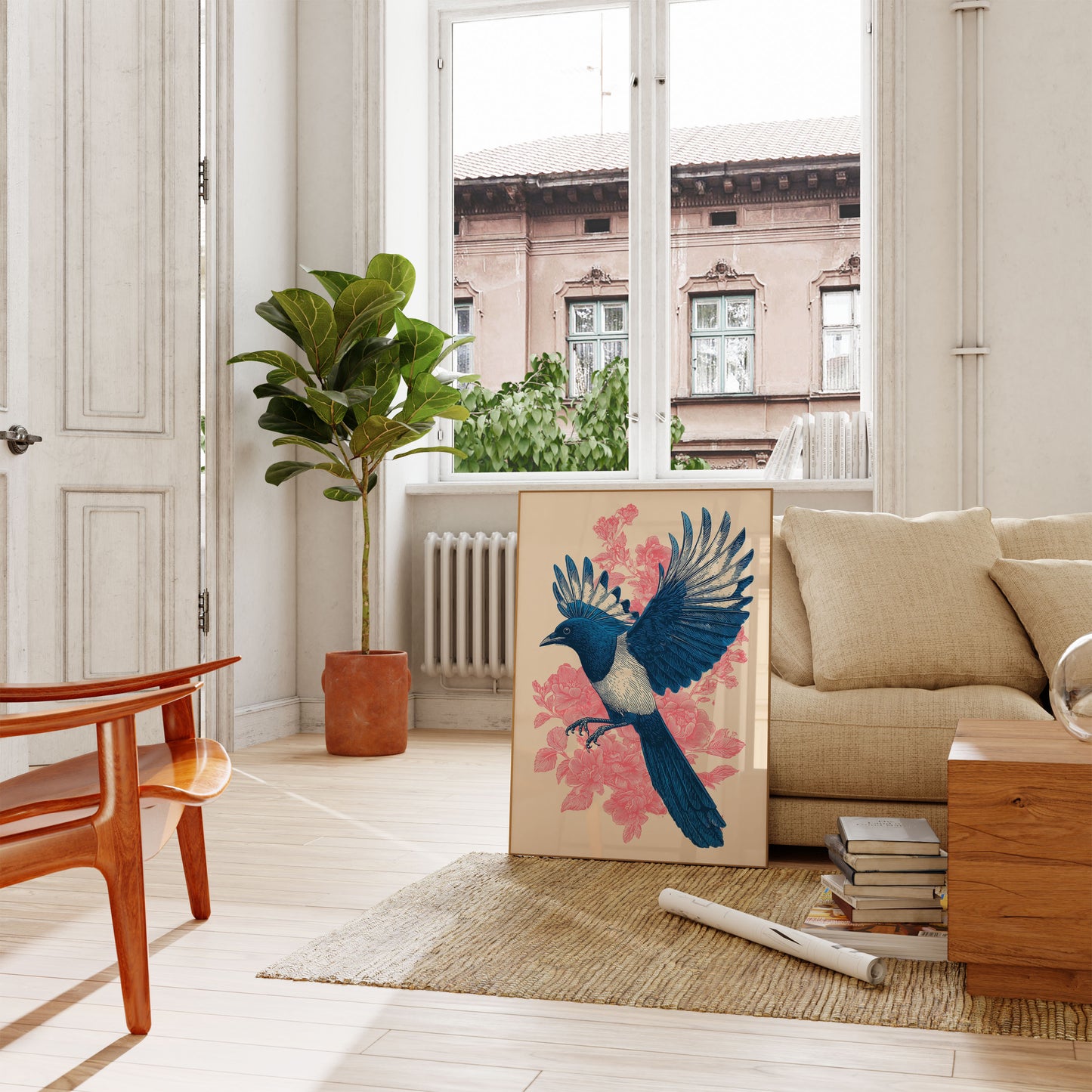 Blue Magpie Floral Flight Poster