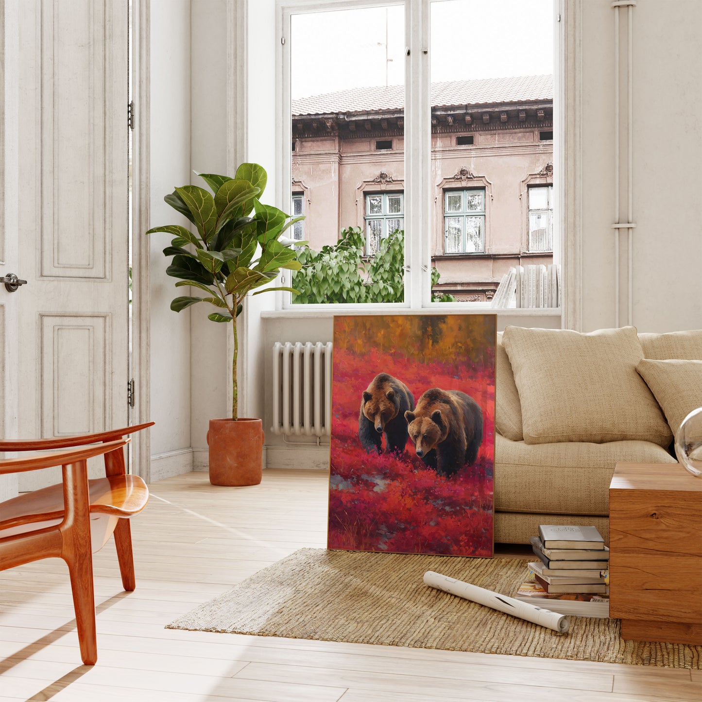 Ours dans l'affiche de fleurs sauvages cramoisies