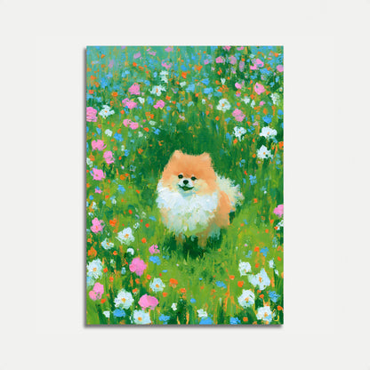 Plakat: Pomeranian na łące z dzikimi kwiatami