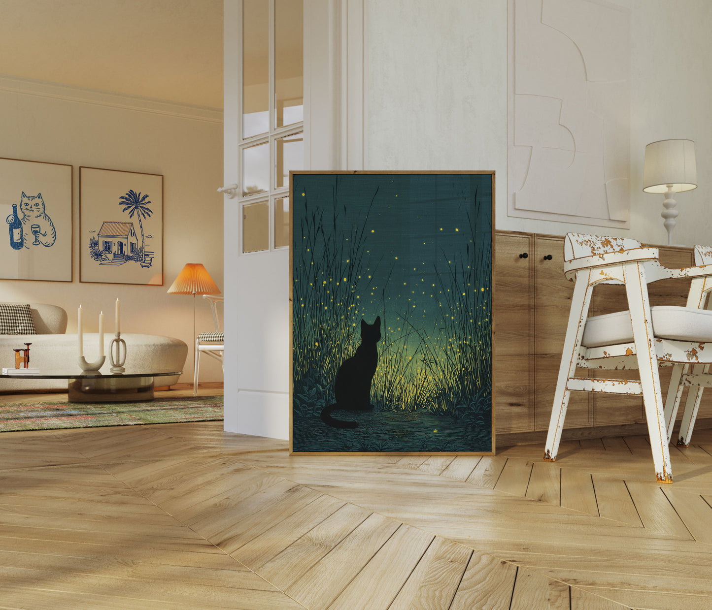 Cat Watching Fireflies Poster