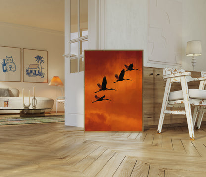 Póster de Grúas Volando al Atardecer