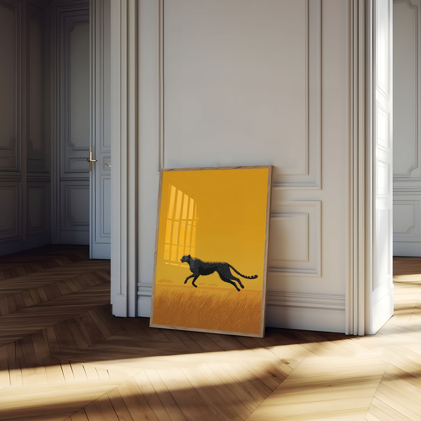 Jachtluipaard die door de Savanne rent Poster