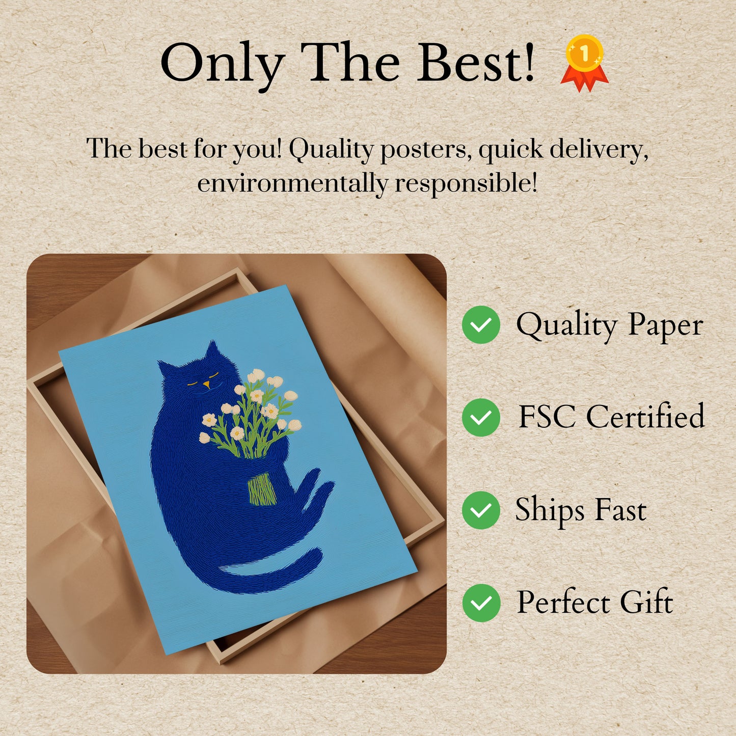 Blue Zen Cat Flower Embrace Poster