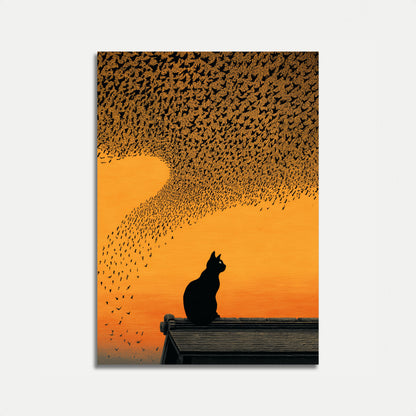 Kat der ser fugle ved solnedgang plakat
