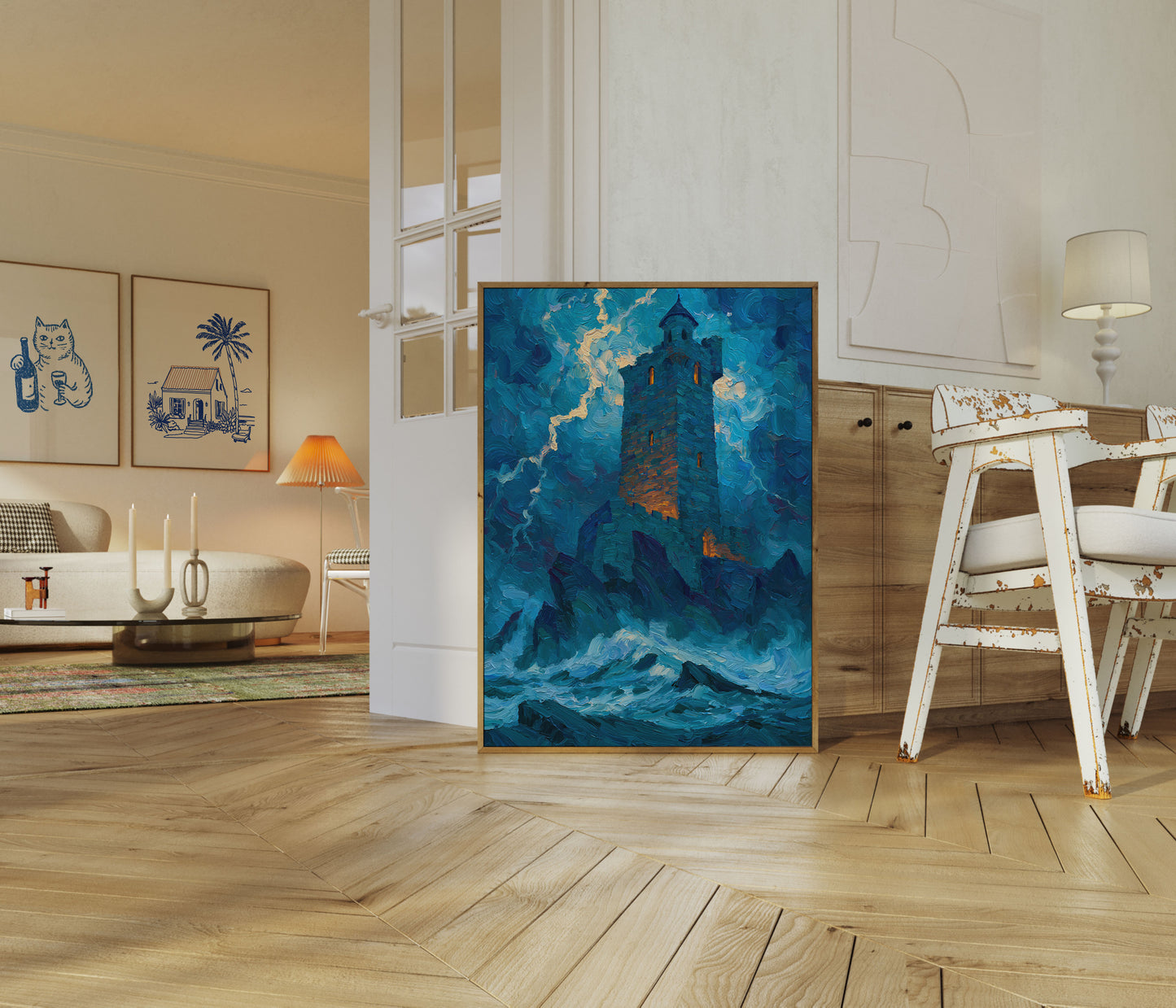 Lighthouse in Stormy Seas Poster