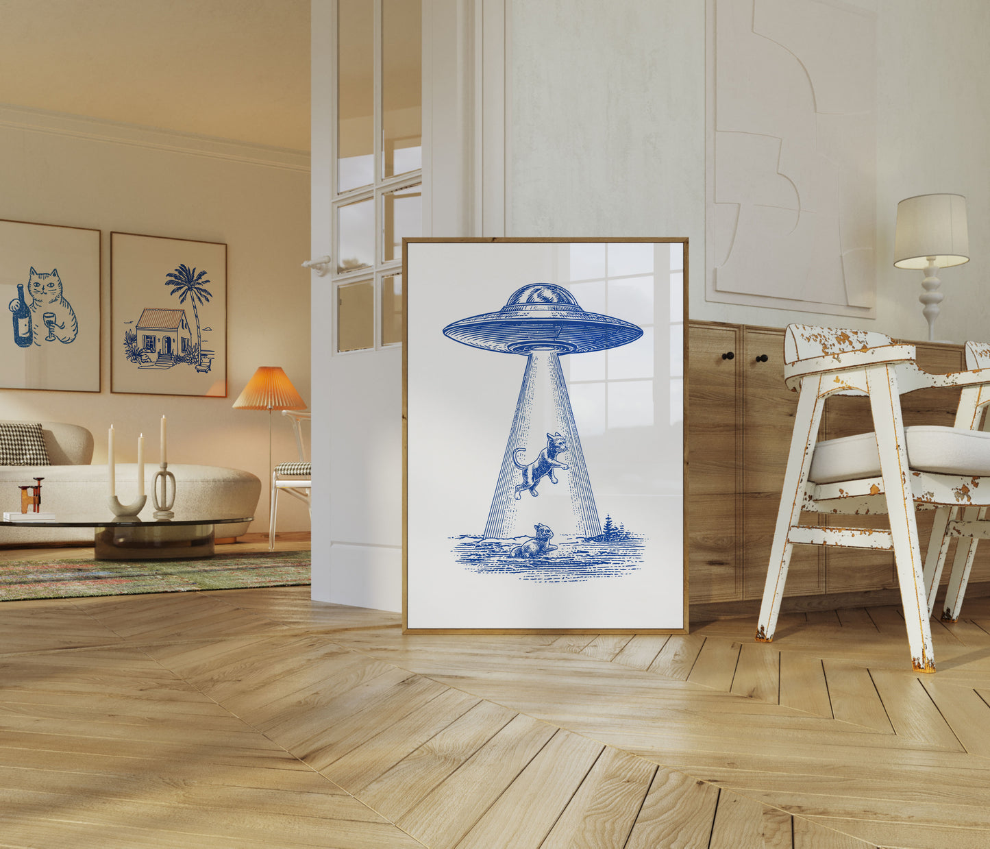 Póster azul de abducción ovni de gato