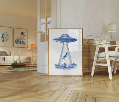 Póster azul de abducción ovni de gato