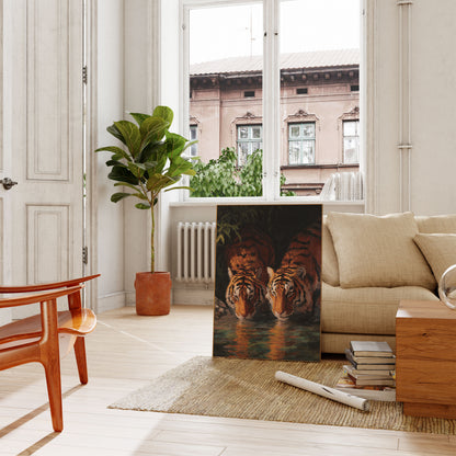 Tigers Drinking at Waterhole Poster