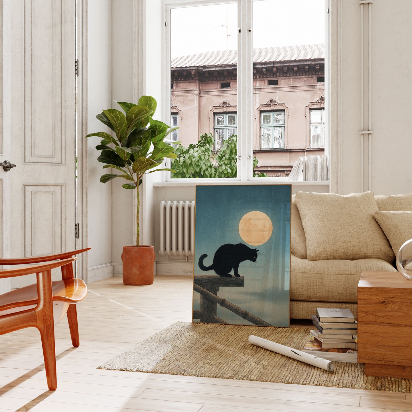 Schwarze Katze unter dem Mond Poster