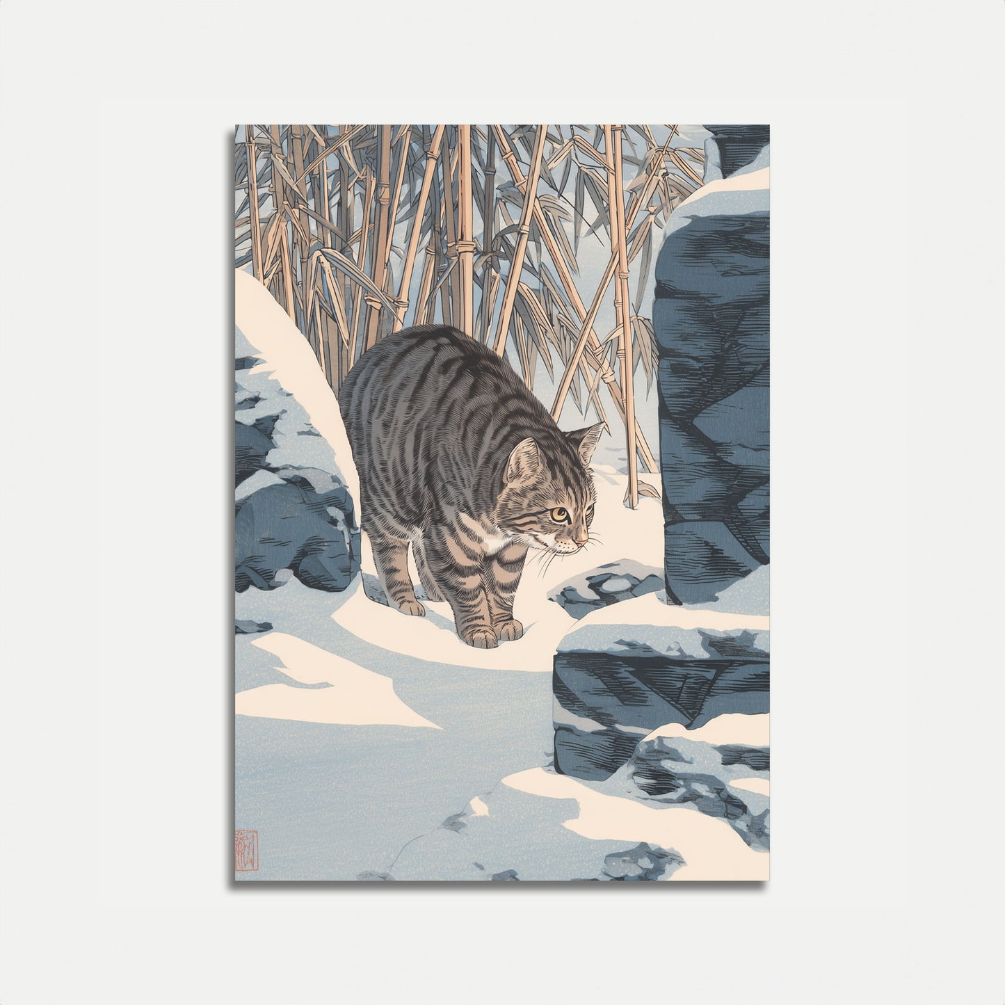 Tabby Cat in Winter Snow Poster