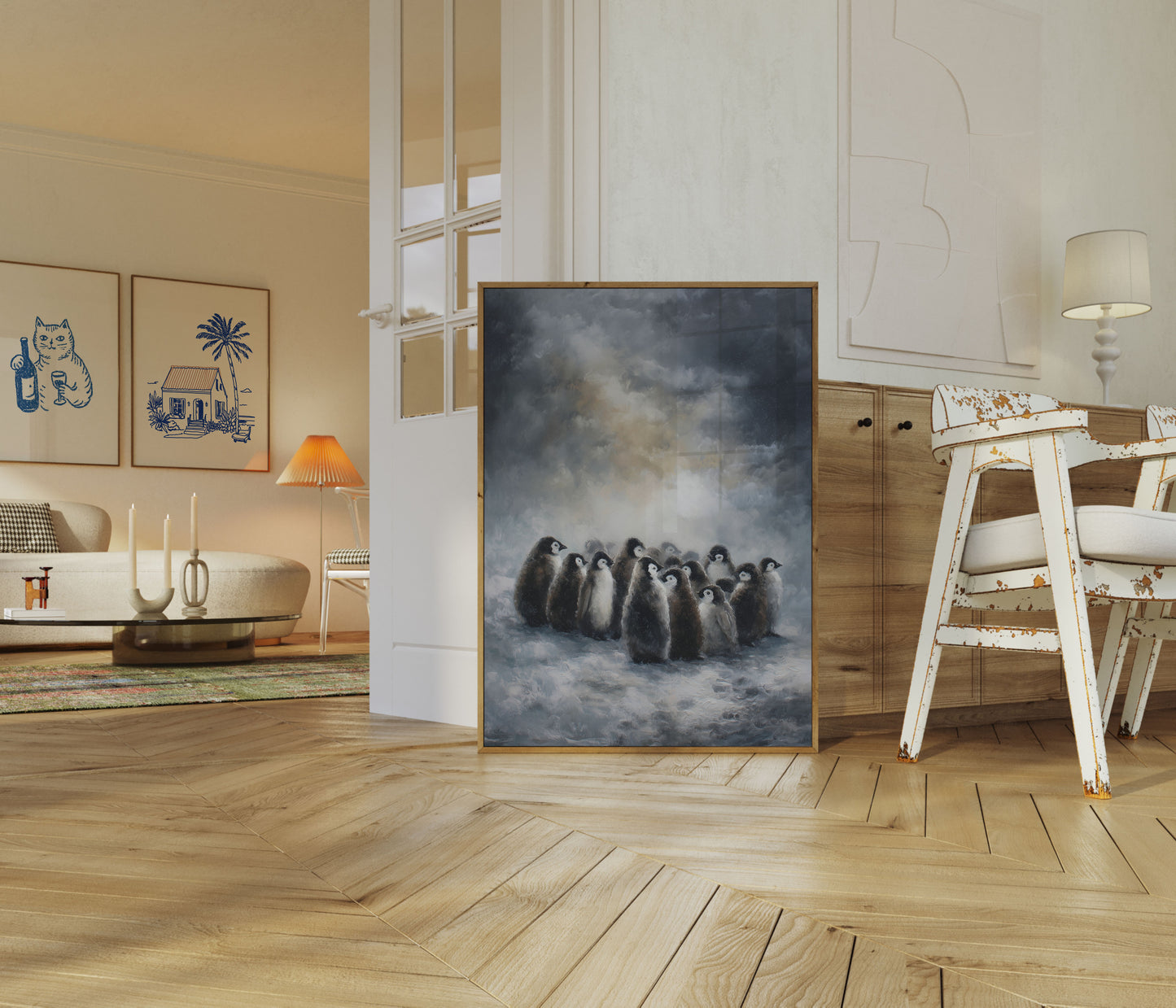 Affiche Poussins Manchots dans une Tempête de Neige