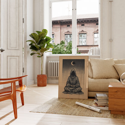 Hooded Monk Meditating Under Moon Poster