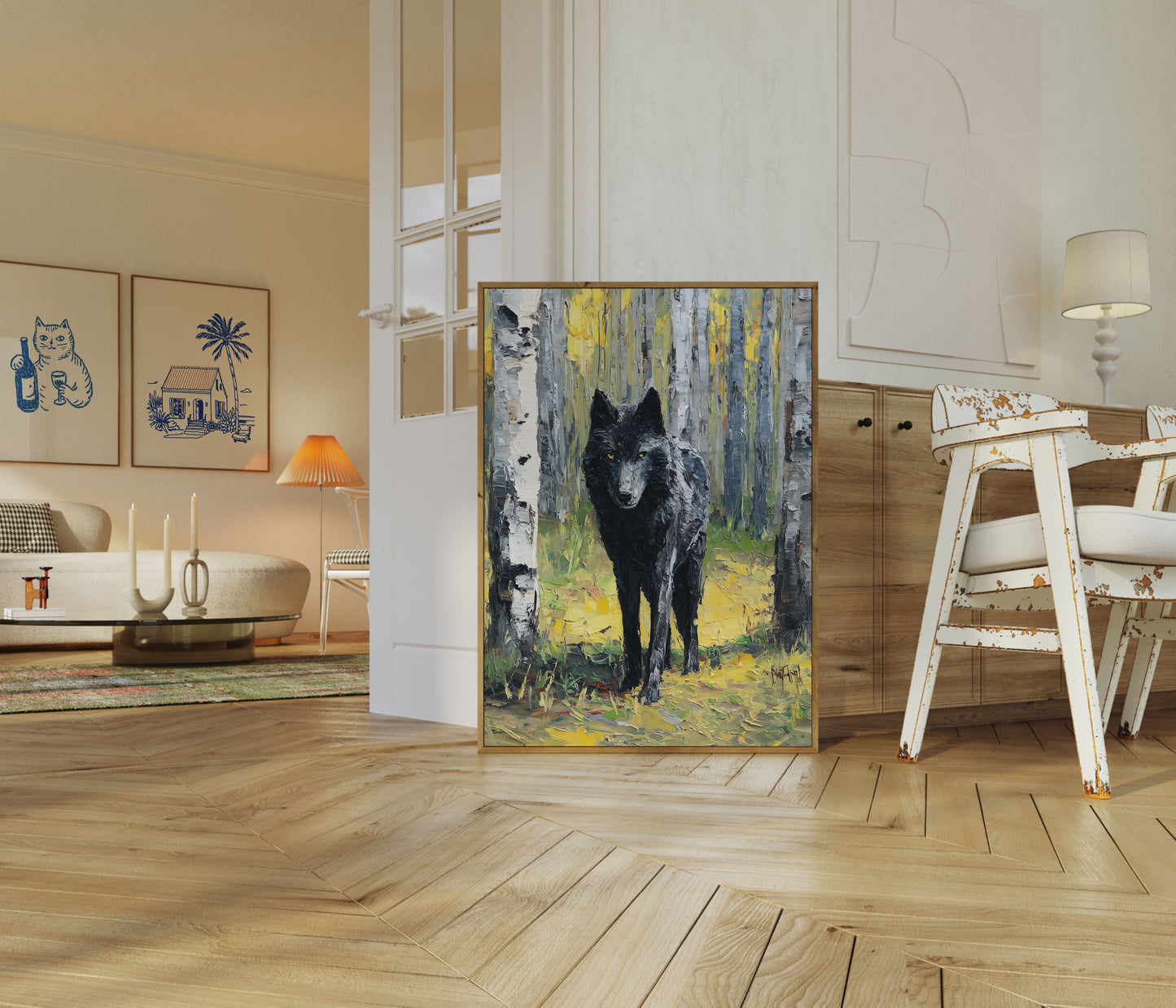 Lone Wolf in Birch Forest Poster