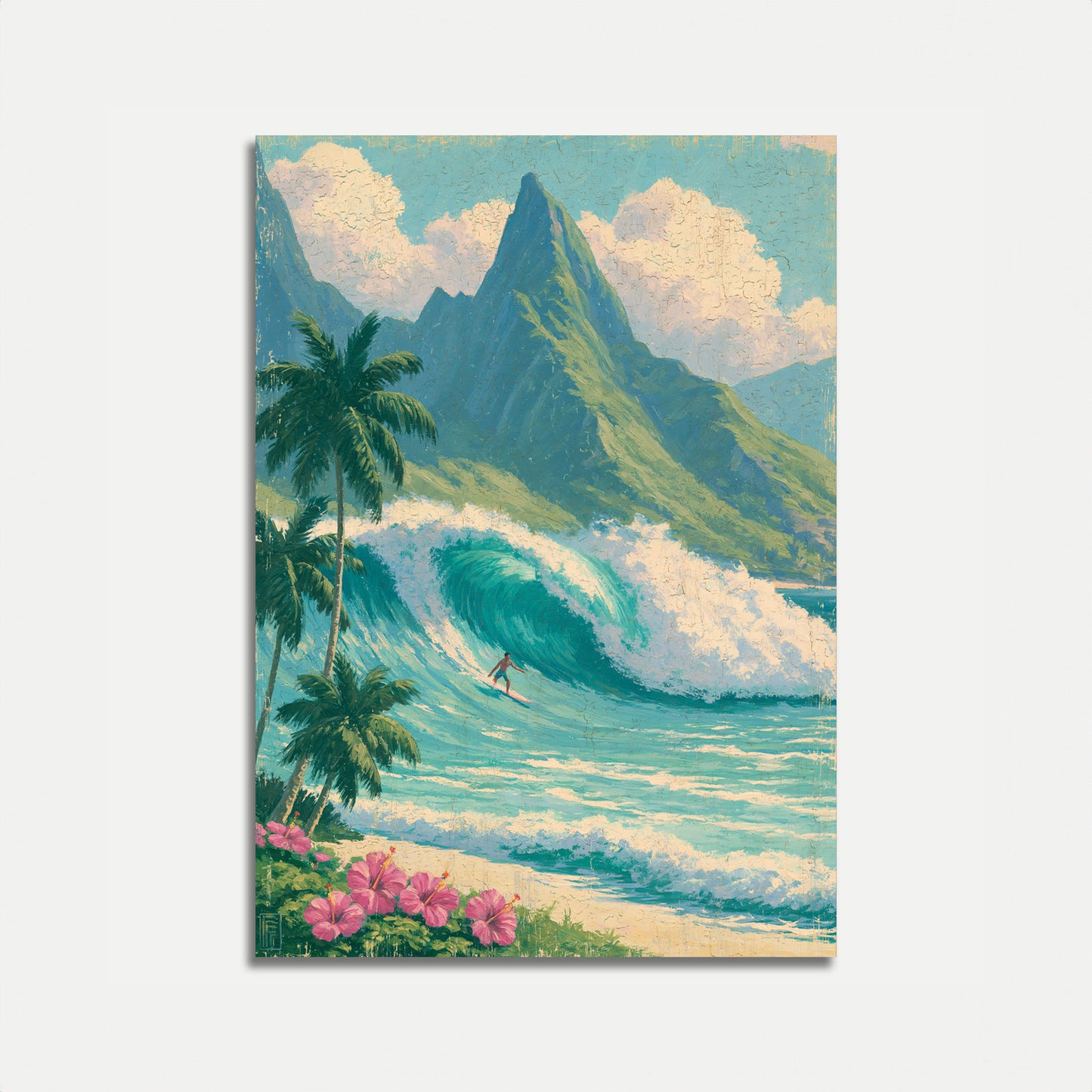 Póster de surfista cabalgando ola tropical