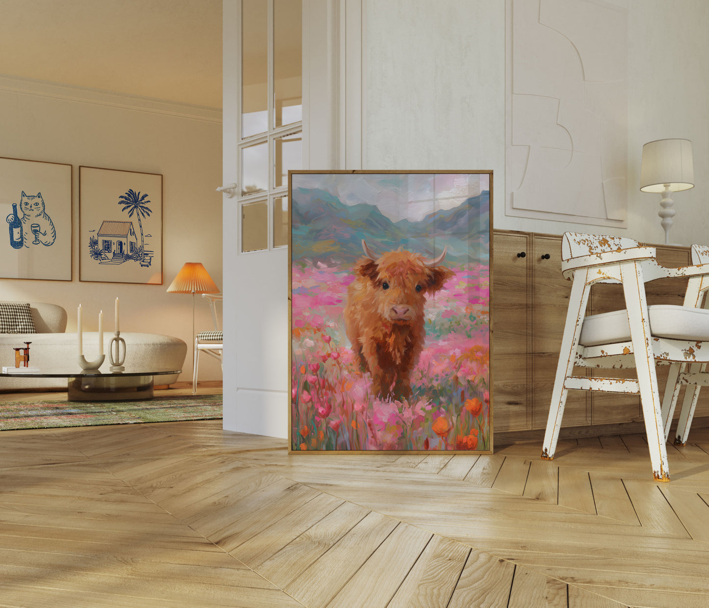 Highland Cow in Floral Meadow Poster