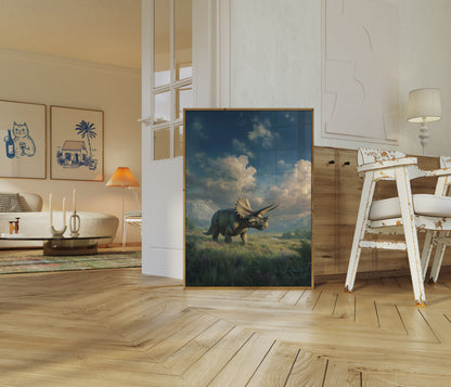 Ancient Triceratops Mountain Landscape Poster