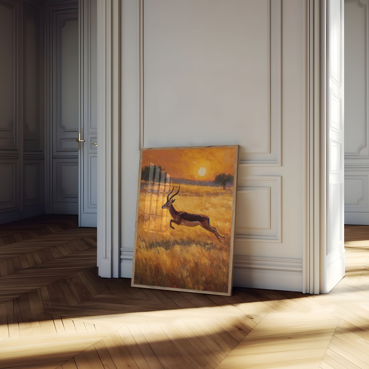 Antilope springt bei Sonnenuntergang Poster