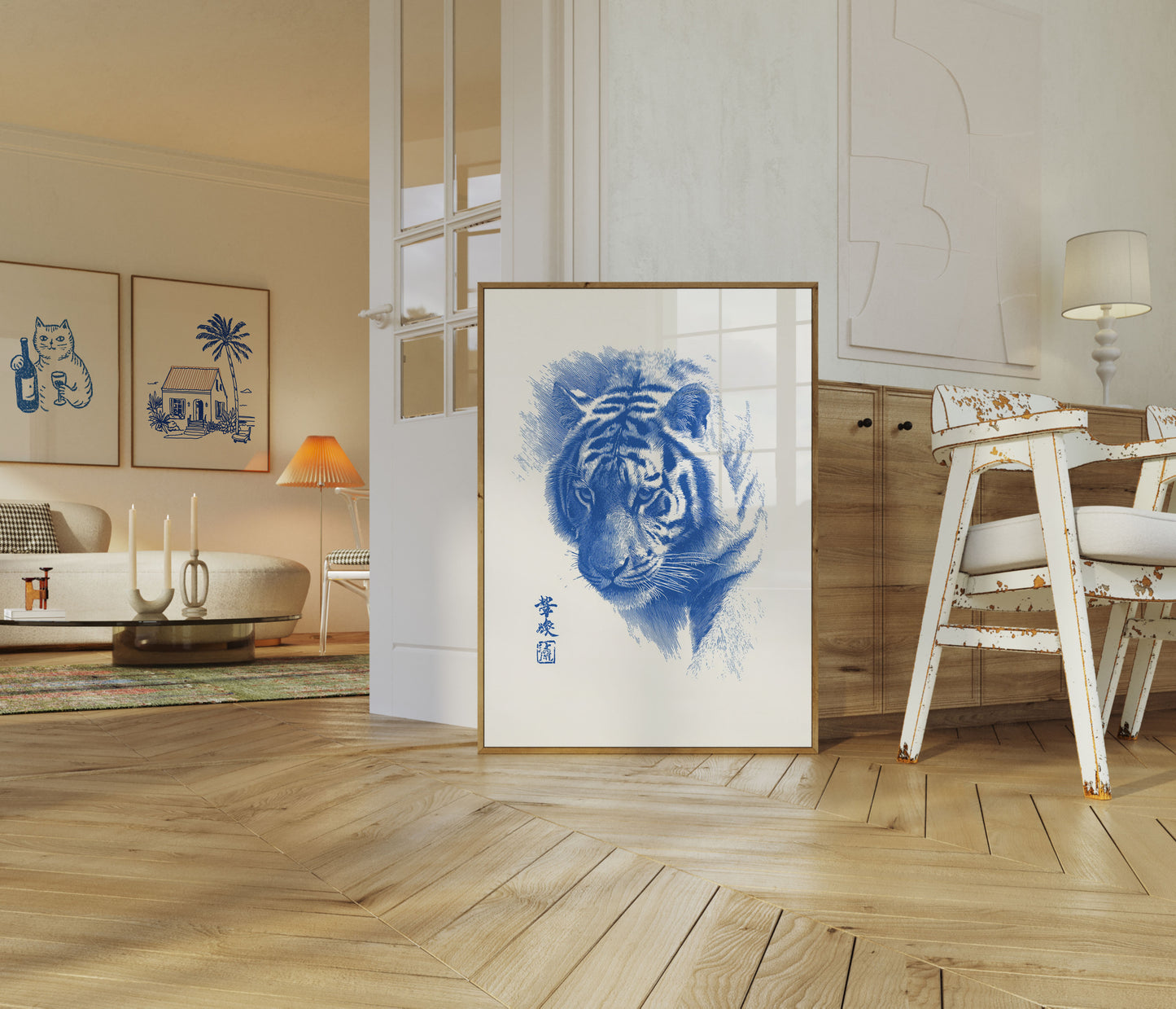 Póster con retrato de tigre índigo azul