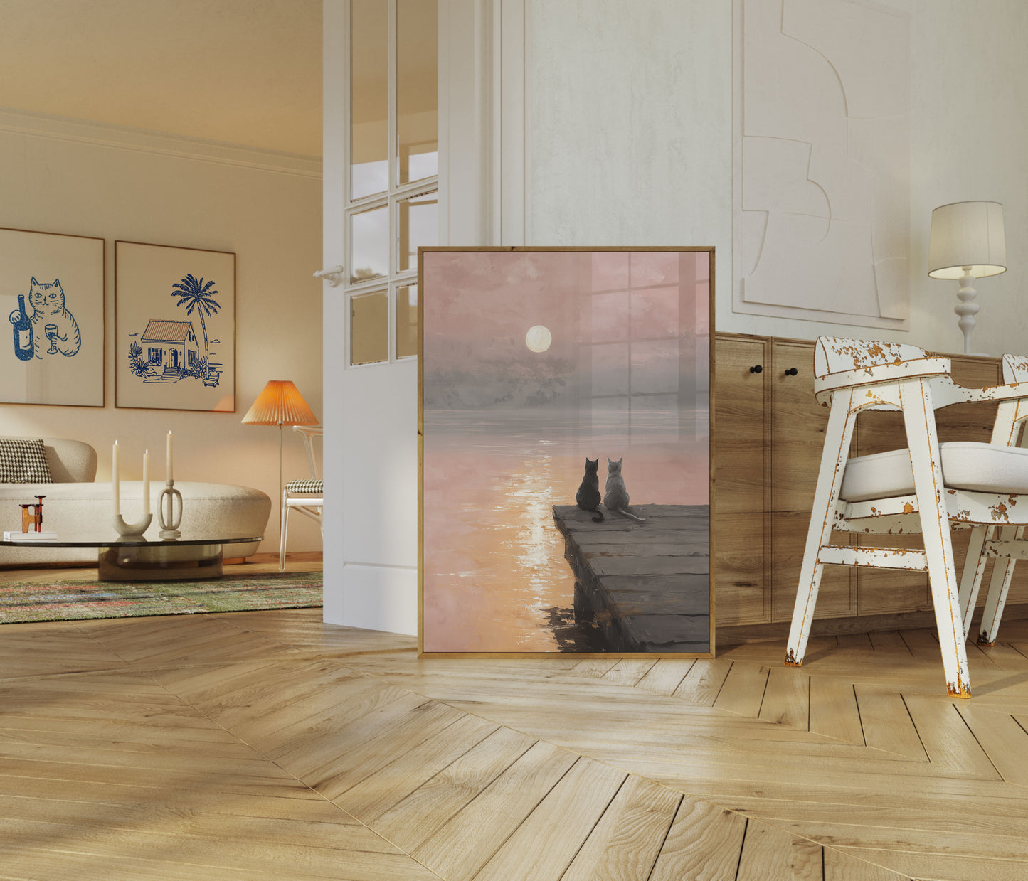 Katzen beobachten Mondlicht Poster