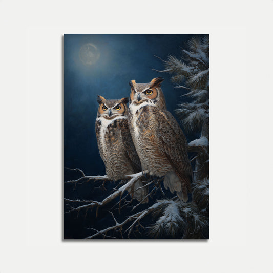 Affiche Hivernale Chouettes des Neiges au Clair de Lune