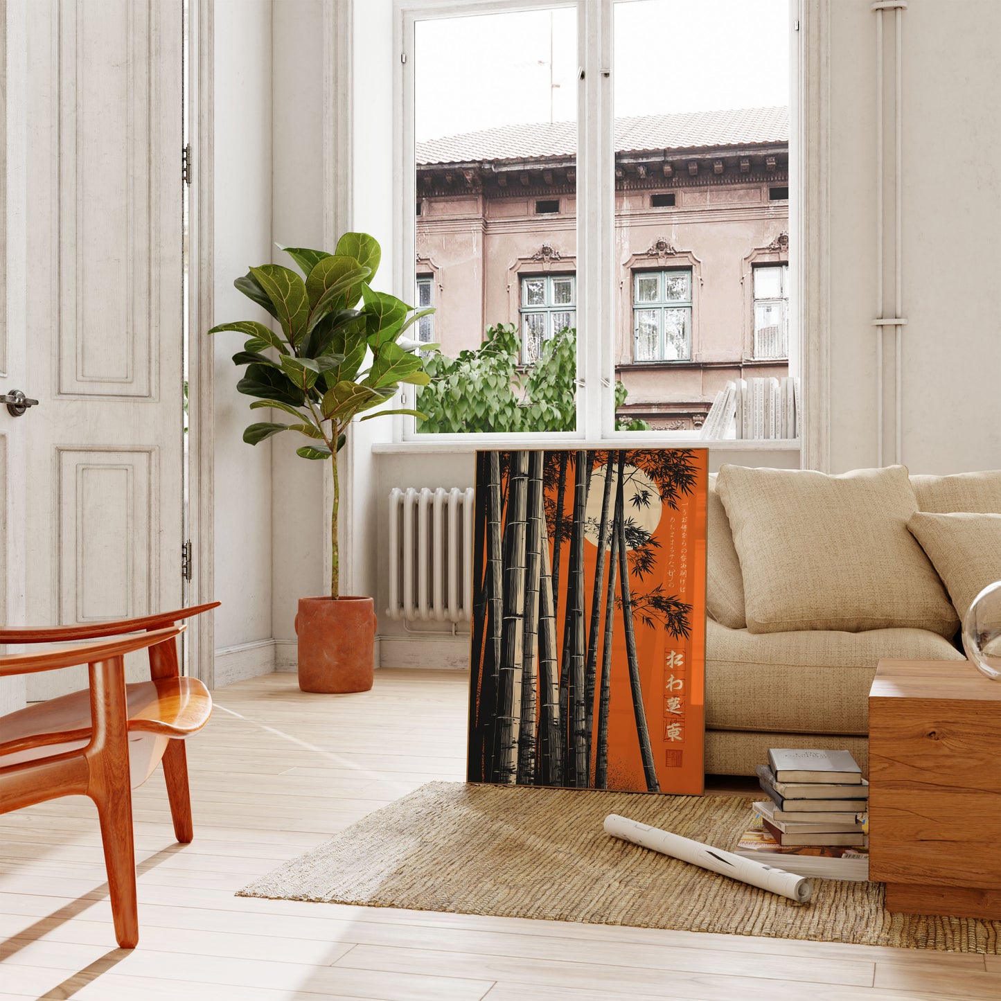 Póster del bosque de bambú iluminado por la luna