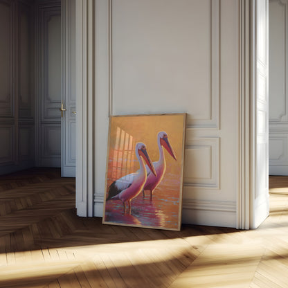 Póster de Pelícanos al Atardecer Dorado