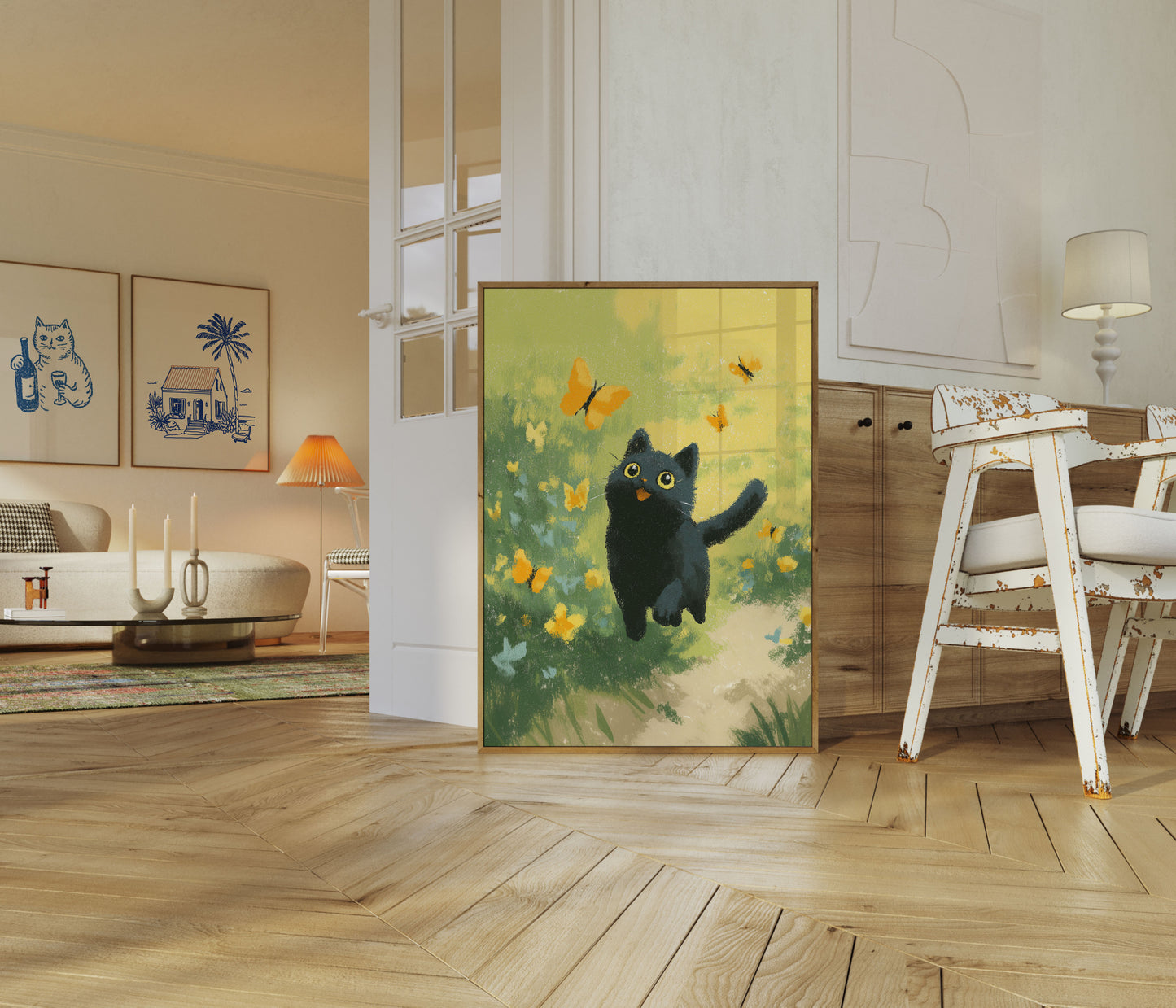 Playful Black Cat Butterfly Poster