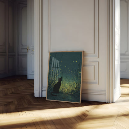 Cat Watching Fireflies Poster