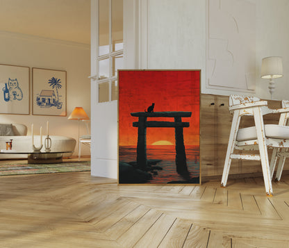 Cat and Torii Gate Sunset Poster