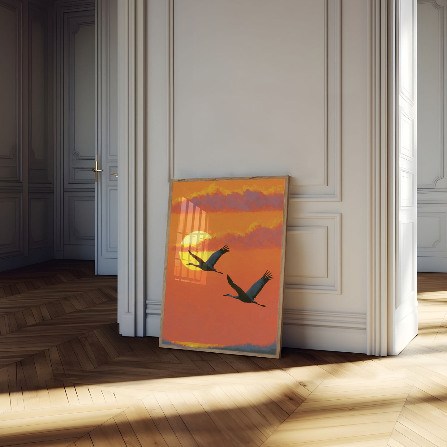 Grues volant au coucher du soleil - Affiche
