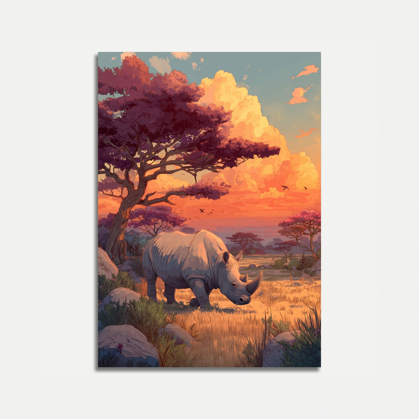 African Savanna Sunset Rhino Poster