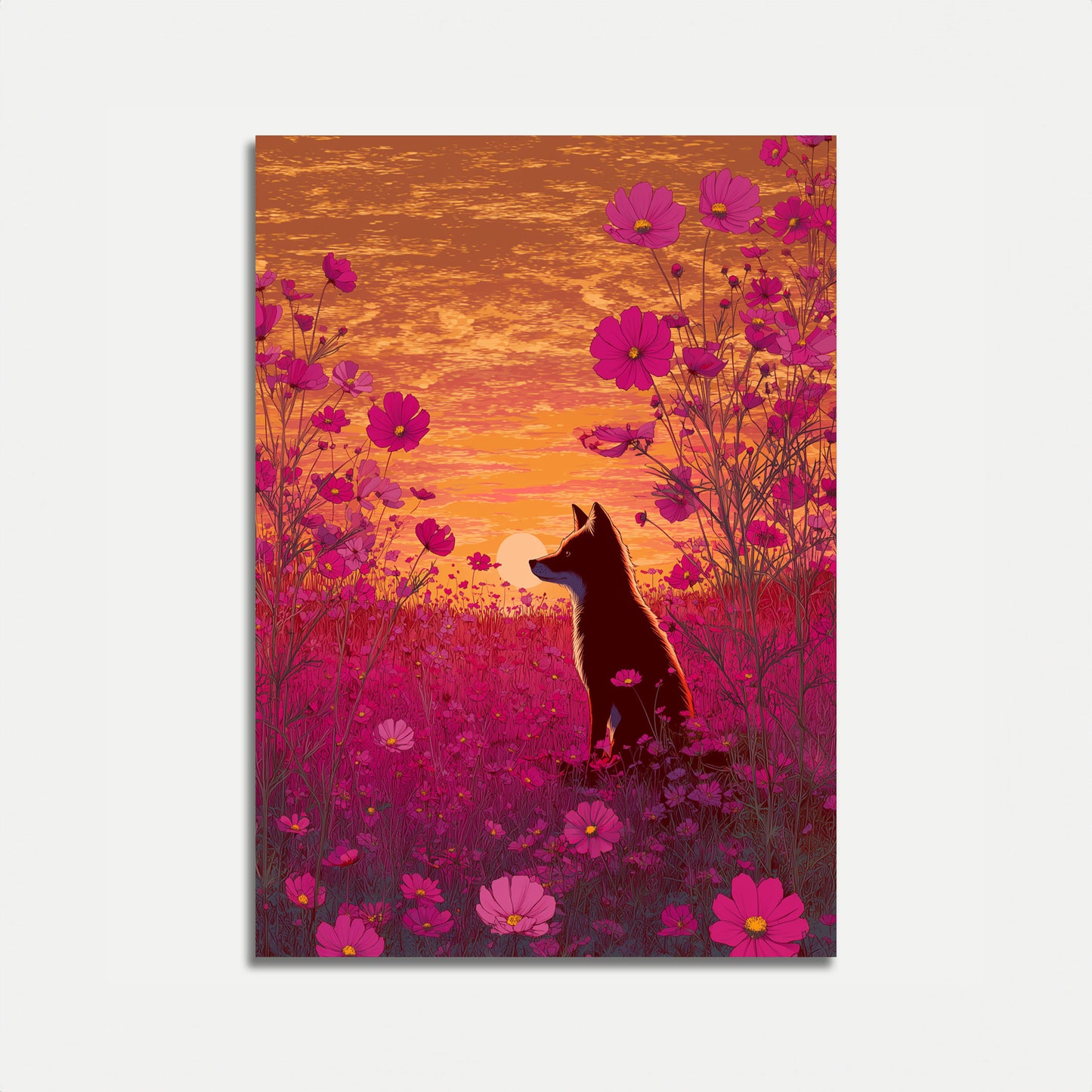 Wolf in Cosmos Flowers Poster