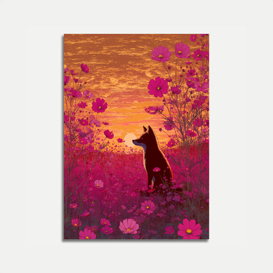 Wolf in Cosmos Flowers Poster