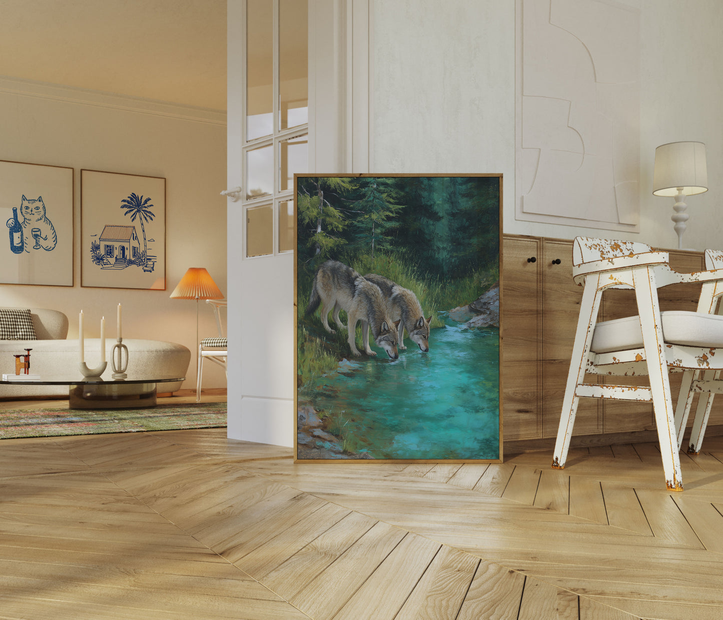 Wolves Drinking at Mountain Stream Poster