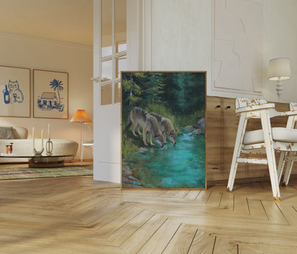 Wolves Drinking at Mountain Stream Poster