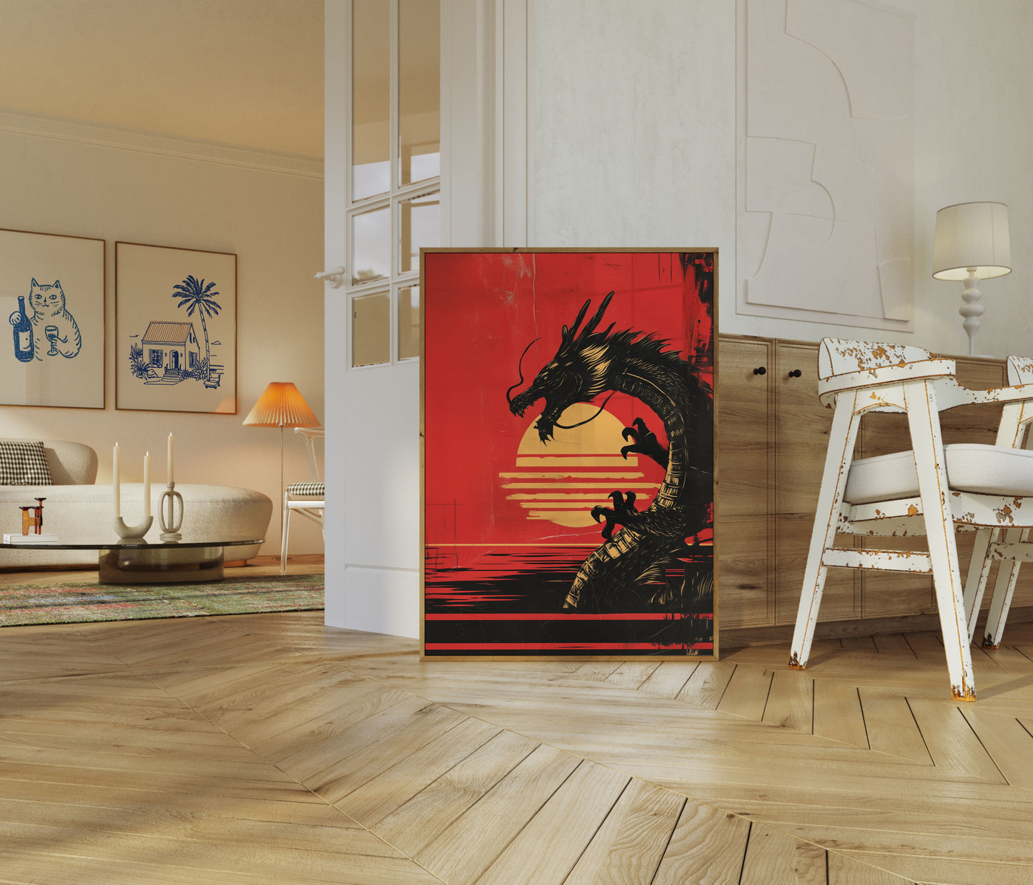 Póster del atardecer del dragón carmesí