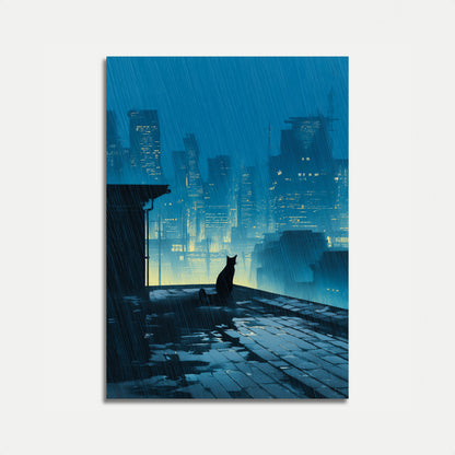 Black Cat Rainy Cityscape Poster